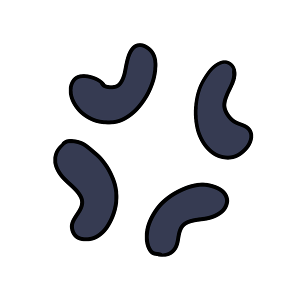 four small dark blue U shaped blobs in a tilted diamond shape